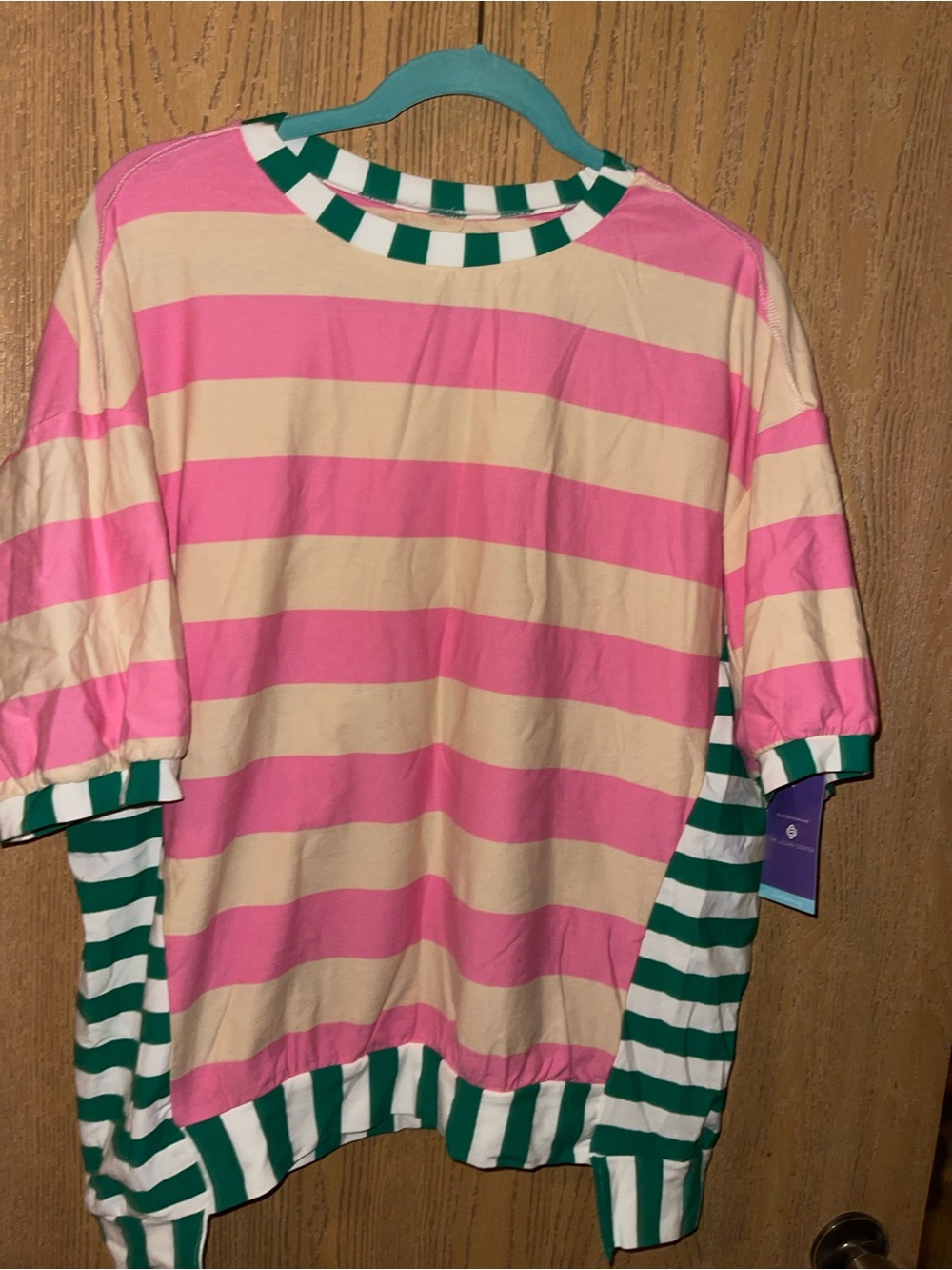 SHEIN Pink & Cream Striped Short Sleeve Top with Green Trim